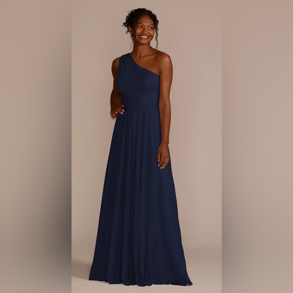 David’s Bridal marine mesh one-shoulder dress with full skirt